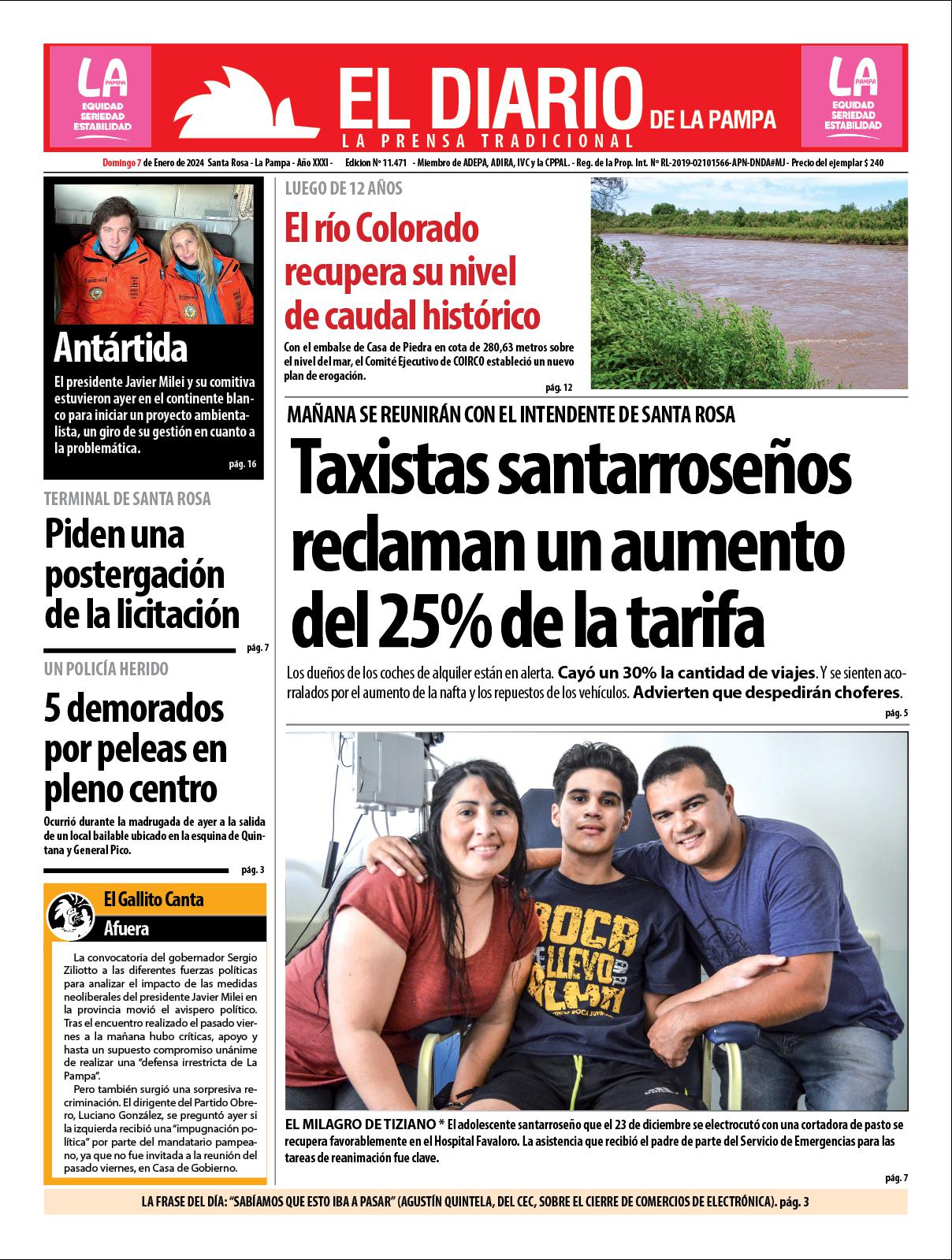 Tapa de El Diario en papel  domingo 07 de enero de 2024